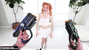 Slutty redhead chick Gracey Snow rammed by two big dicks