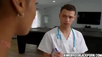 Weird guy tests an ebony milf for COVID with her huge breasts