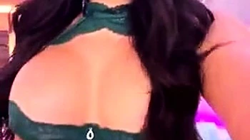 Busty curly brunette with big boobs fucks on couch