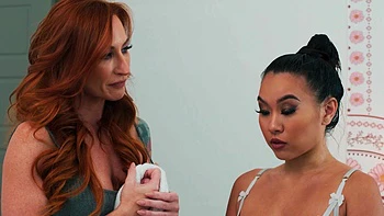 Asian beauties Sophia Locke and Kimmy Kimm in a steamy bra-less lesbian scene