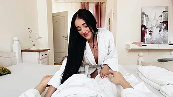 Ara Mix, a sexy brunette with long hair, enjoys intimate moments in pov style.