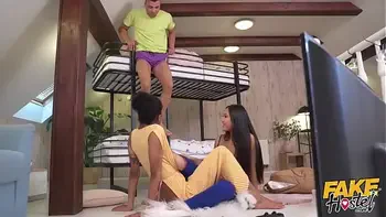 FAKEhub - Video game playing Asian Thai teen girl and massive natural tits ebony latina babe in threesome after intense game that gets their tits all sweaty and makes them horny to suck and fuck cock