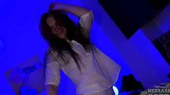 A juicy brunette peaches spreads her legs to caress herself with a dildo.