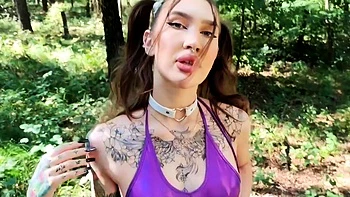 Outdoor pussy masturbation with teenage naked brunette