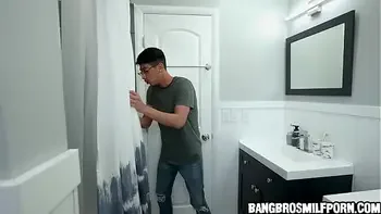 He wanted to see his new stepmom naked so he hid behind the shower curtain