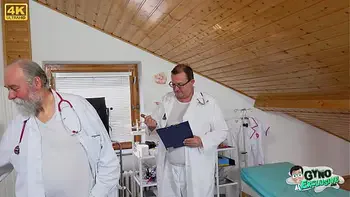 20-year-old sexy blonde girl Ariela Donovan gets her aroused pussy examined by 2 old gynecologists