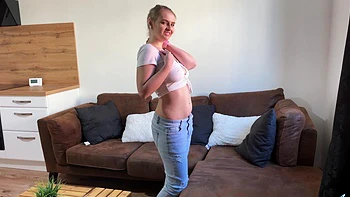 Blonde milf with natural tits masturbates in tight jeans