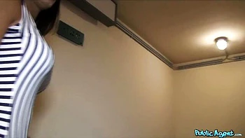 Brunette teen with shaved pussy sucks big cock for cash